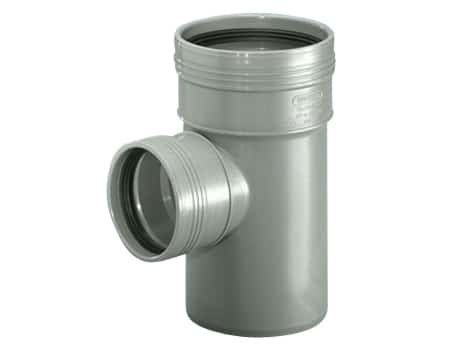 Gray metal drainage pipe tee fitting with a perpendicular side outlet and threaded ends used in plumbing.