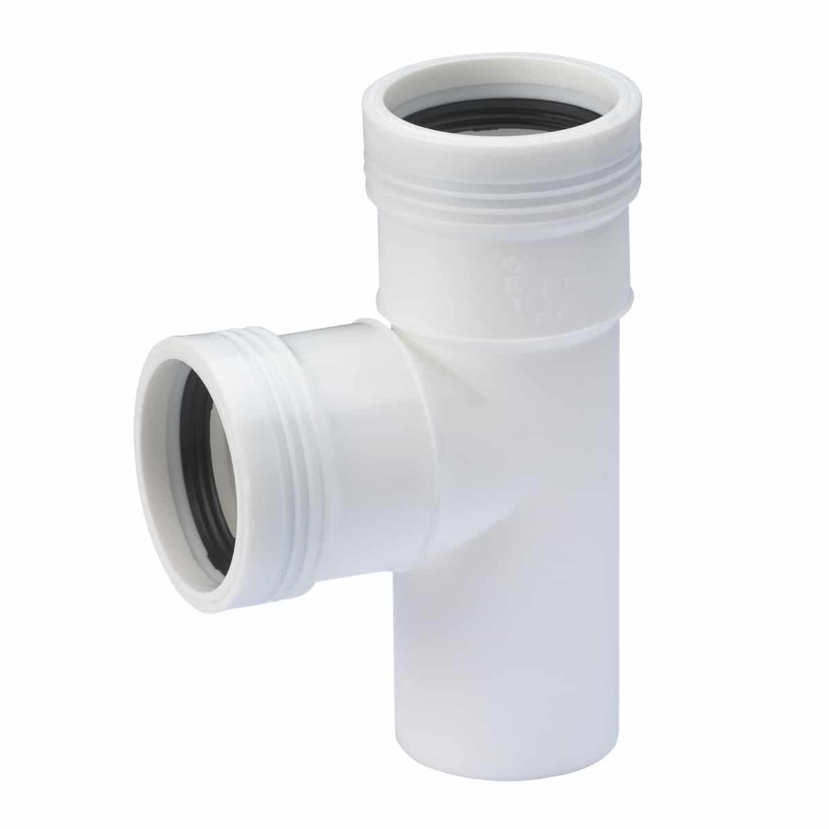 White PVC sanitary tee pipe fitting with three slip openings forming a T shape for plumbing