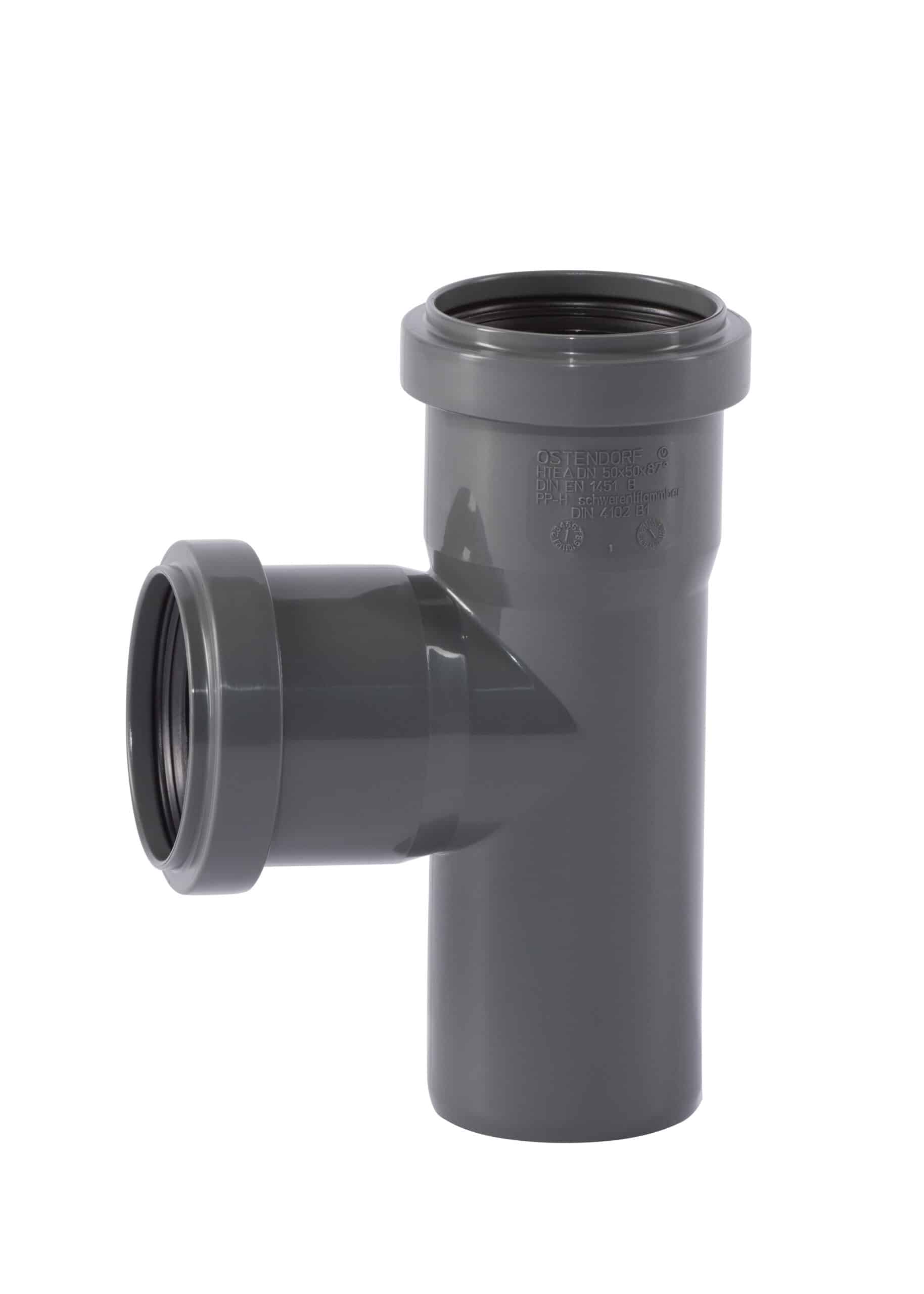 Gray PVC tee-fitting with a vertical pipe and a side outlet for drainage plumbing (socket joints)