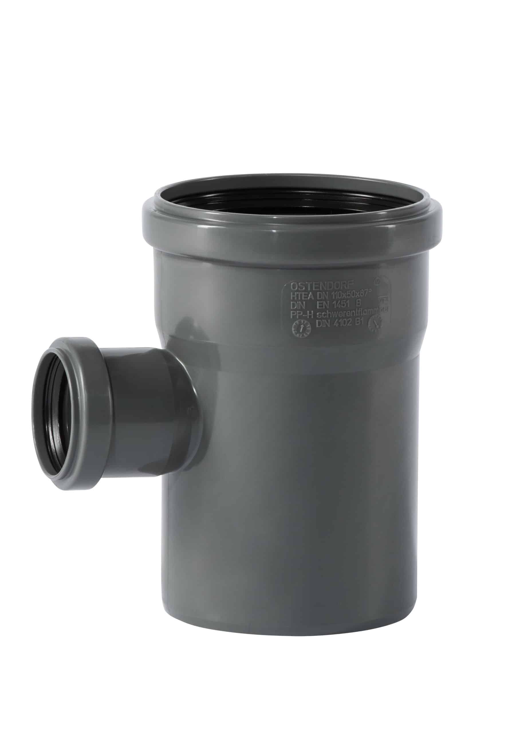 Grey PVC plumbing pipe with a horizontal side outlet and an open top, likely a T-junction fitting for drainage systems in a clean, minimal shot.