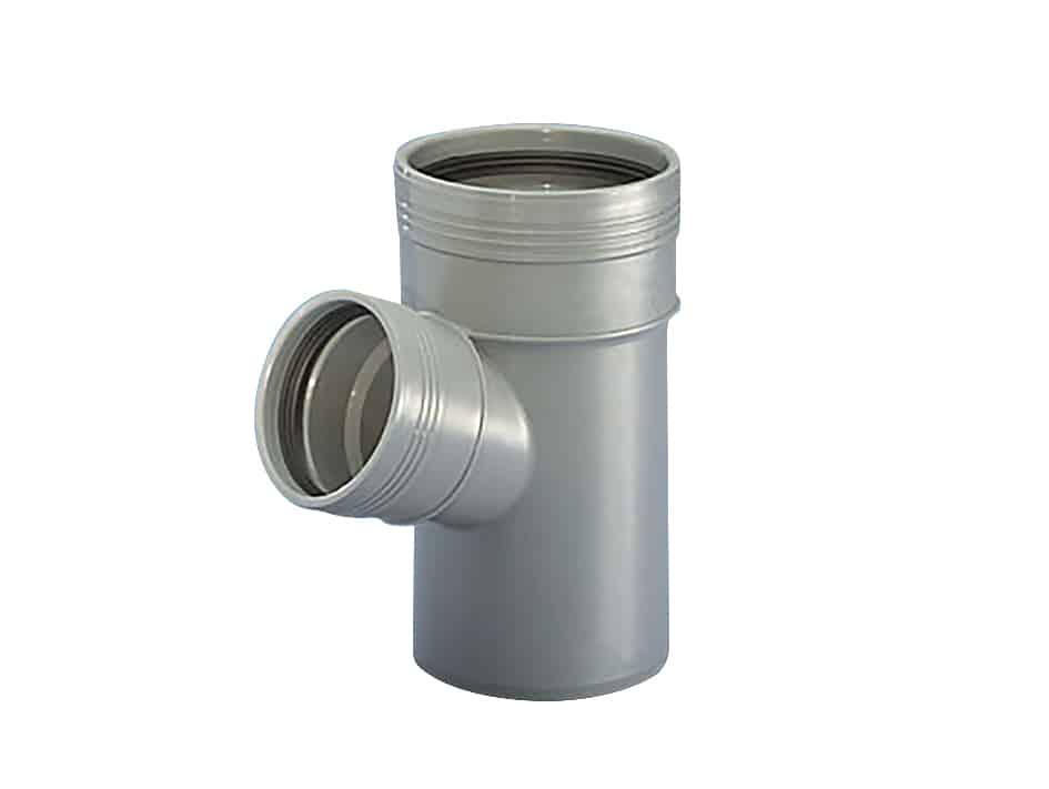 Gray PVC plumbing tee with a side 45-degree branch and threaded openings at the top and side.