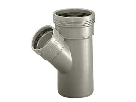 Metal drainage pipe fitting with a 45-degree branch and threaded ends; used to join and redirect waste lines.