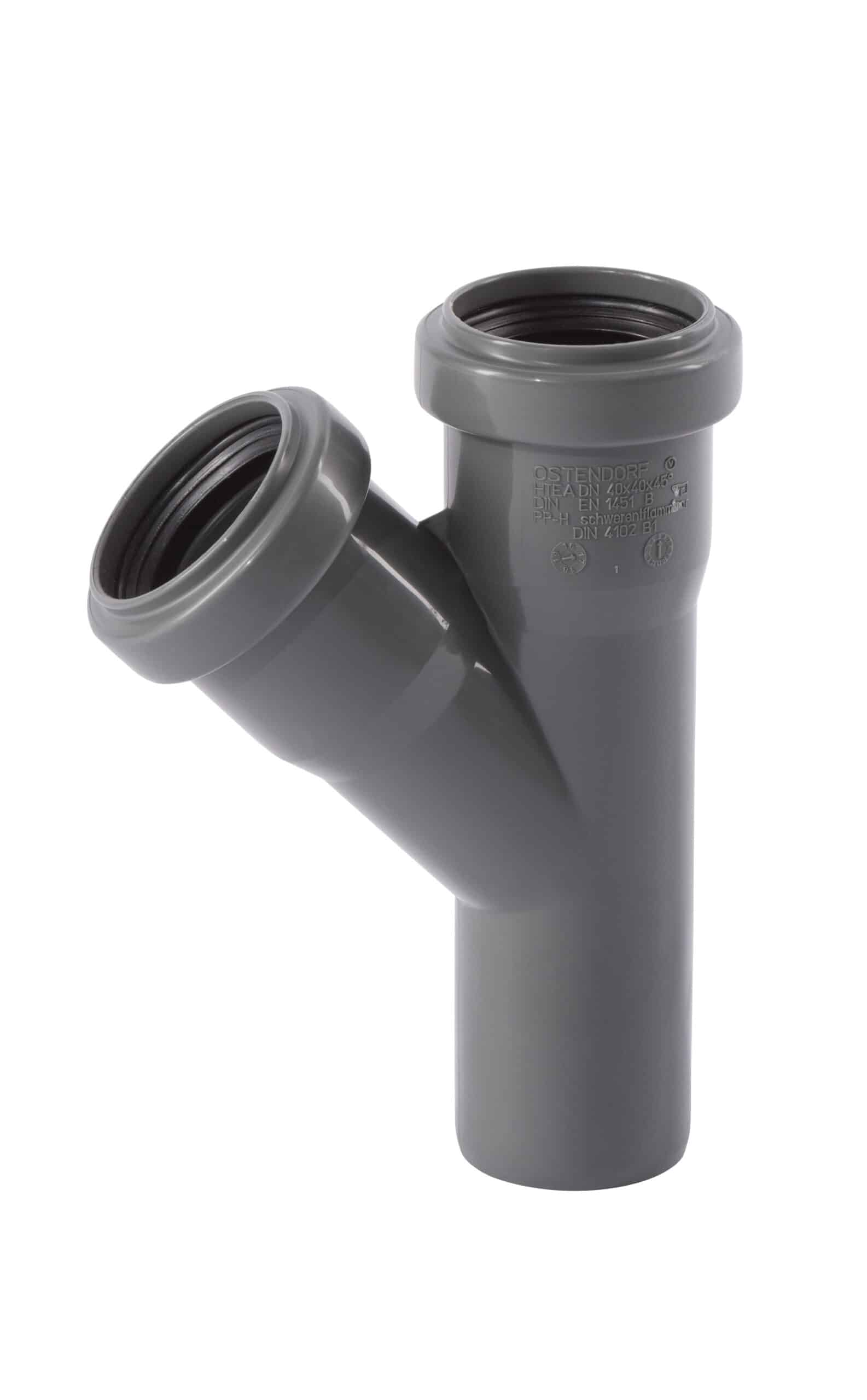 Gray PVC Y-shaped pipe fitting with two socket openings and a vertical outlet, used for plumbing