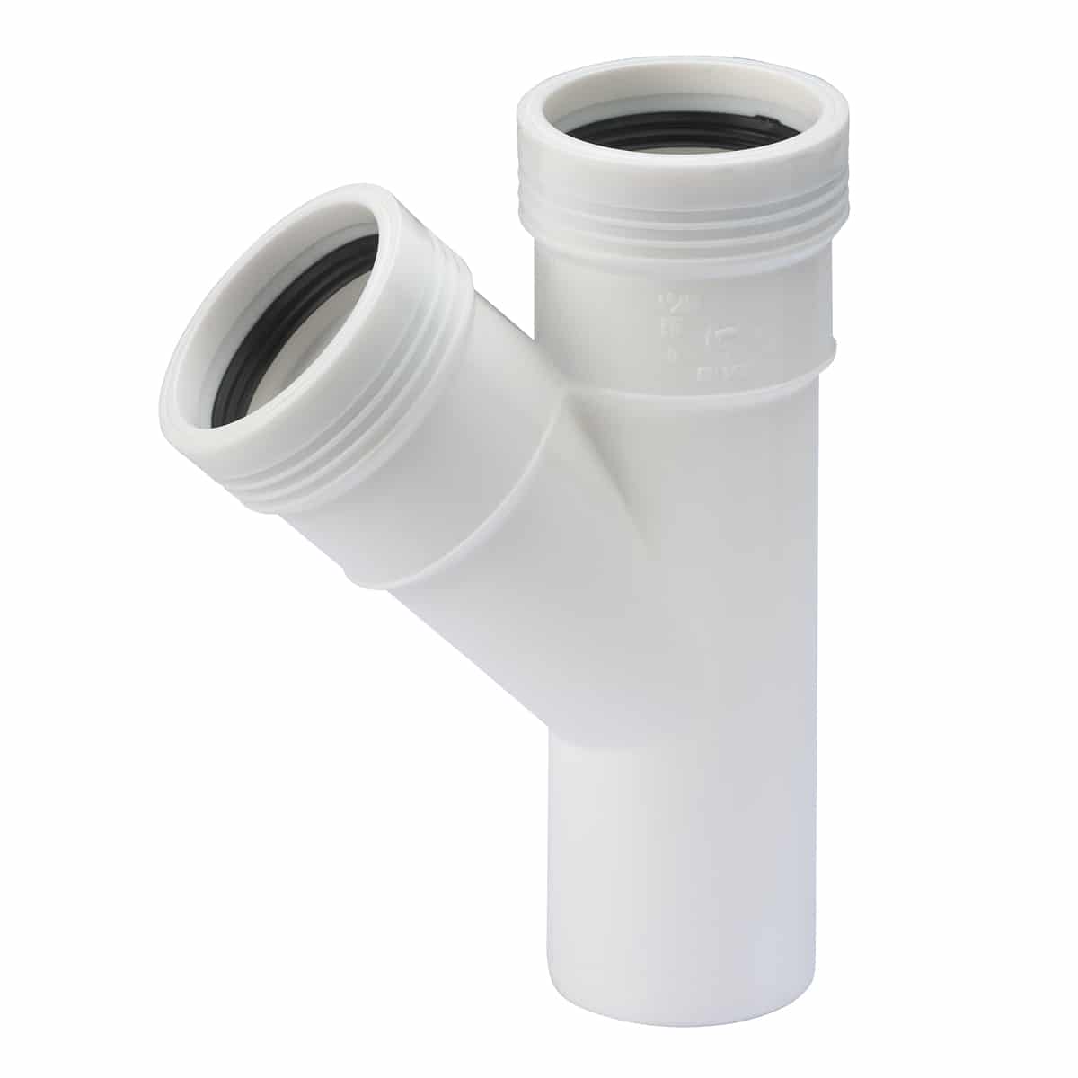 White PVC Y-shaped plumbing fitting with two openings and rubber seals inside