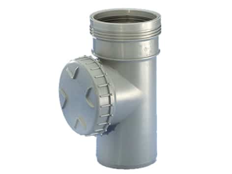 Metal drainage pipe with a side cleanout cap (threaded access) on a vertical run.