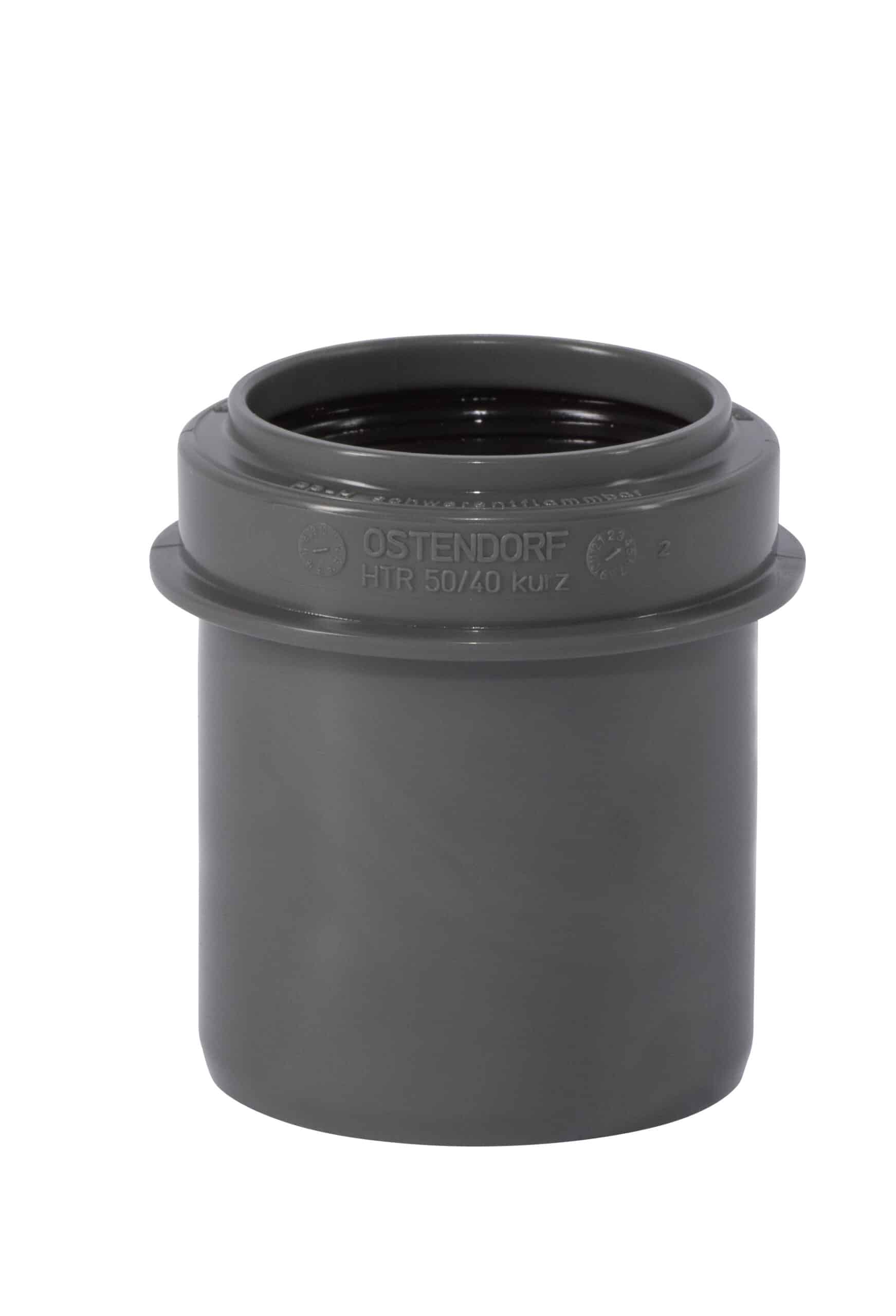 Gray PVC pipe fitting with open top, showing embossed branding and markings (Ostendorf HTR 50/40 kurz).