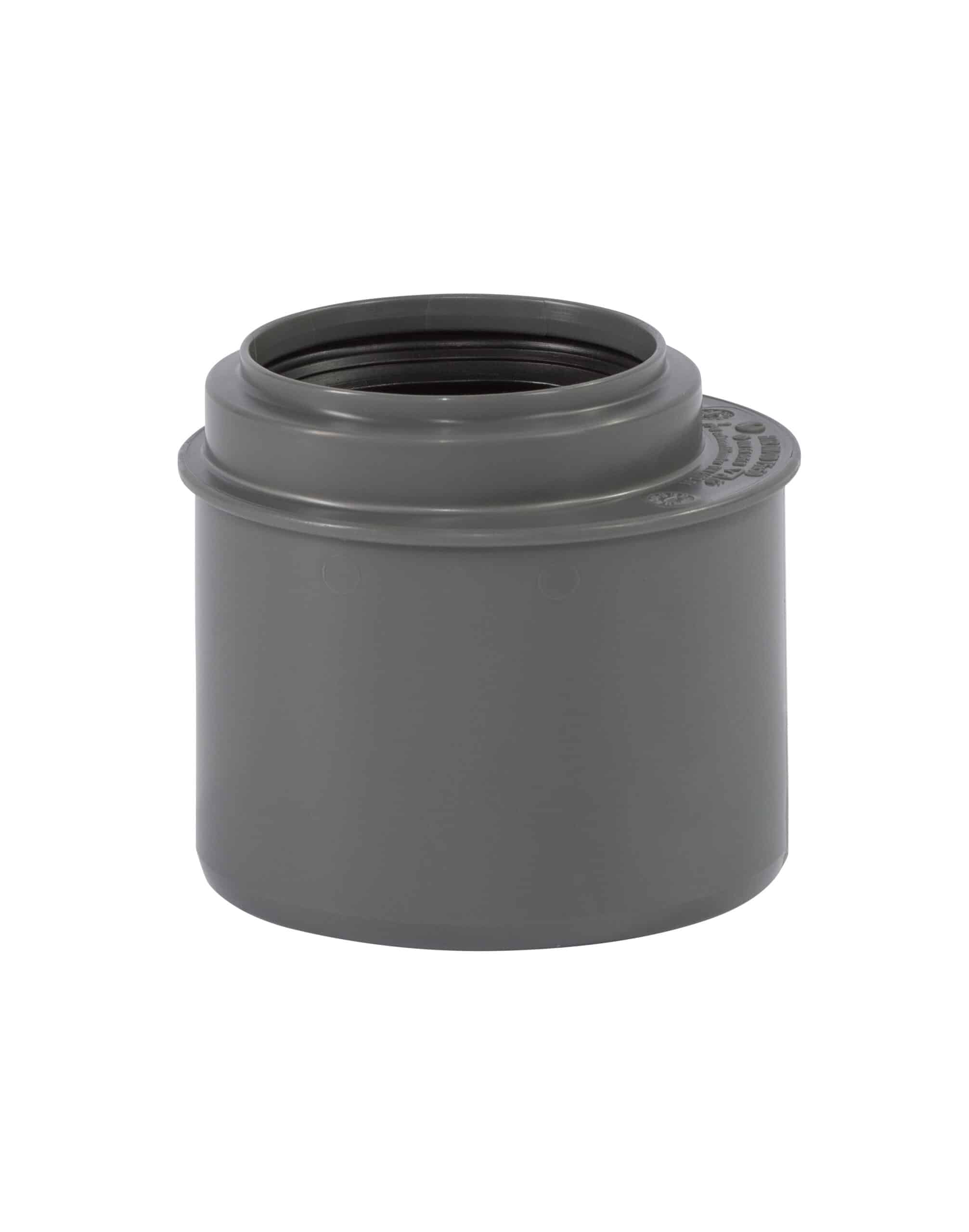 Close-up of a gray plastic cylindrical container with an open top and inner threaded rim.