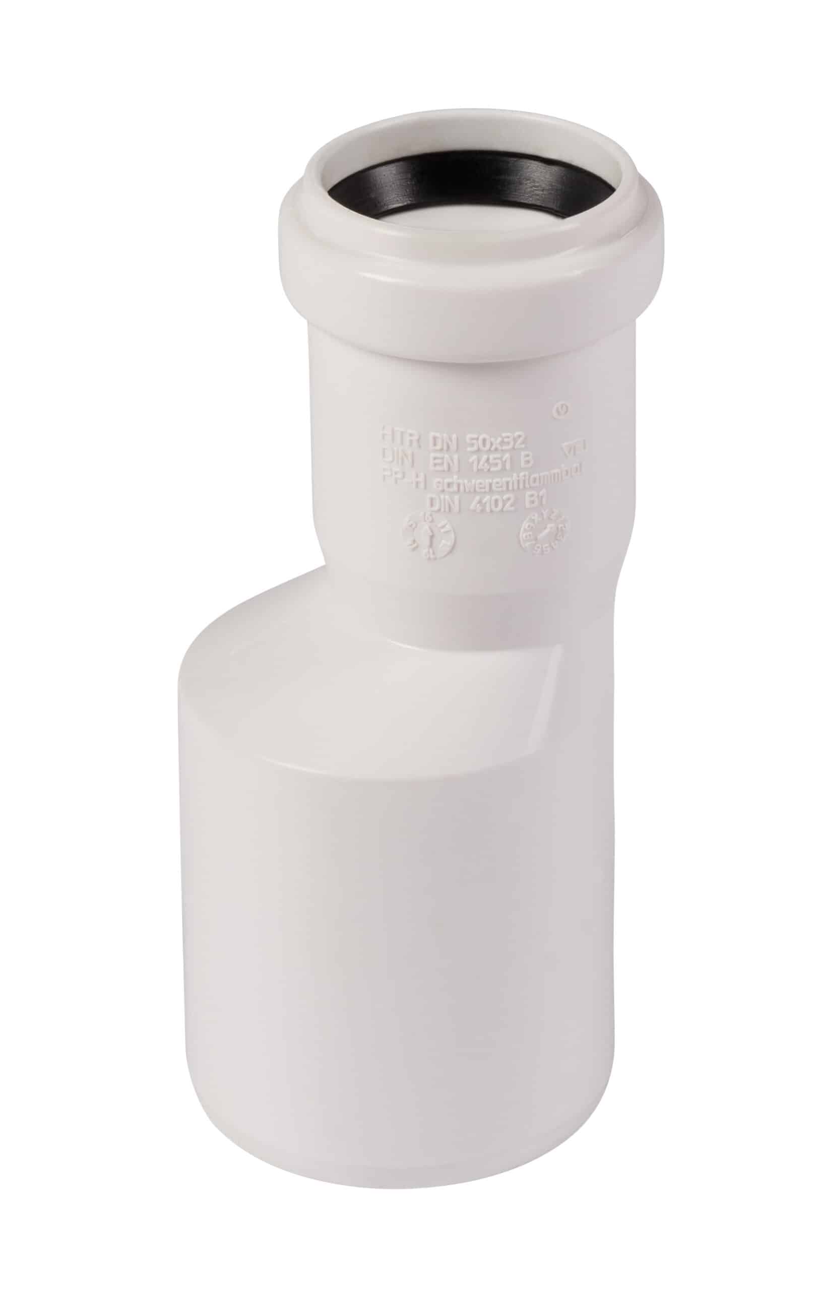 Close-up of a white PVC pipe fitting with a flared top and black inner ring at the opening.