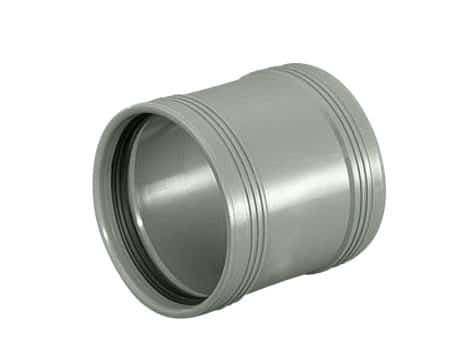 Metal pipe coupling/sleeve used to join two pipes (silver metal, hollow cylindrical connector)