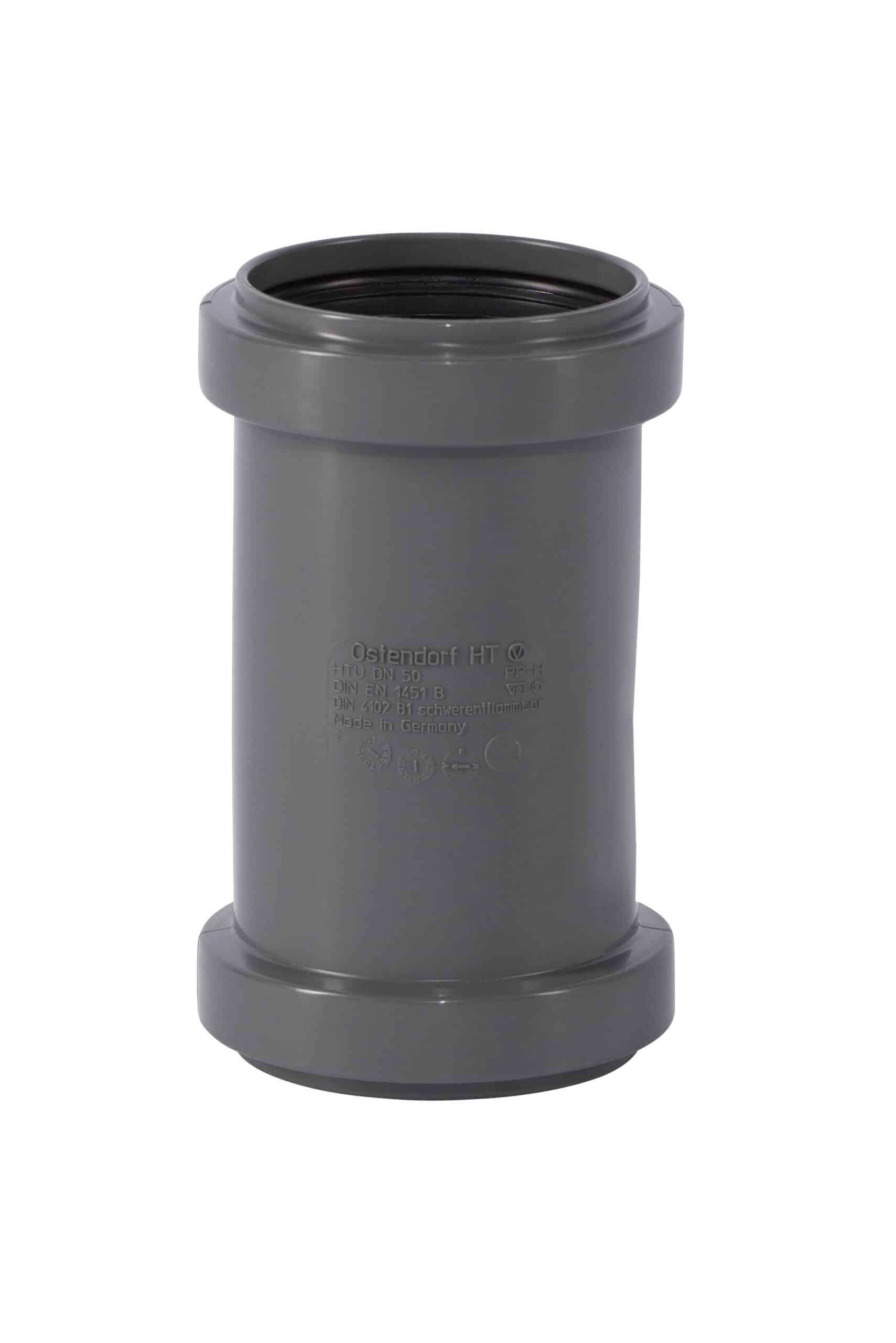 Close-up of a gray PVC plumbing fitting with a wide top collar and inner threading, viewed from the side.