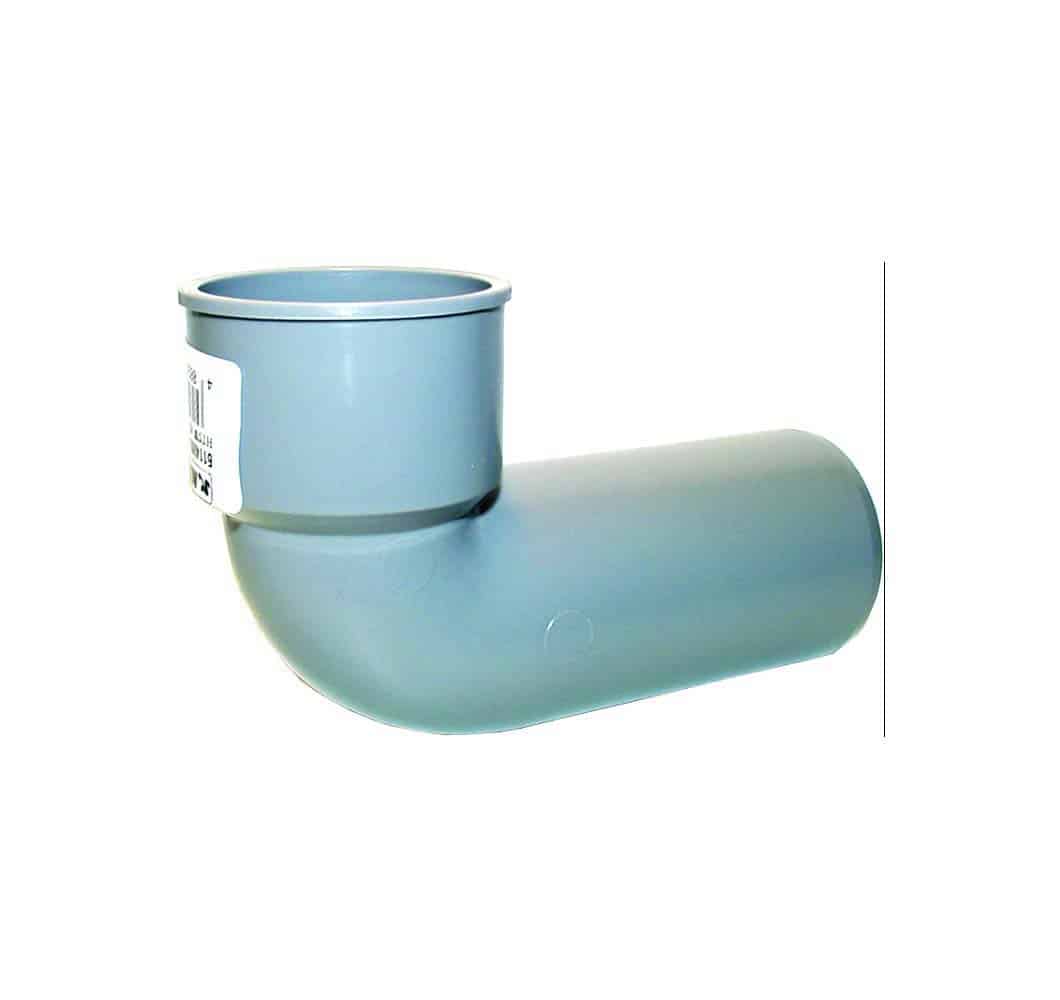 Gray PVC 90-degree elbow pipe fitting with a short vertical stub for plumbing connections