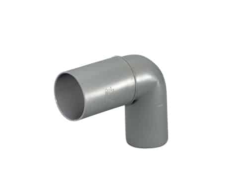 Gray PVC 90-degree elbow pipe fitting with an open end