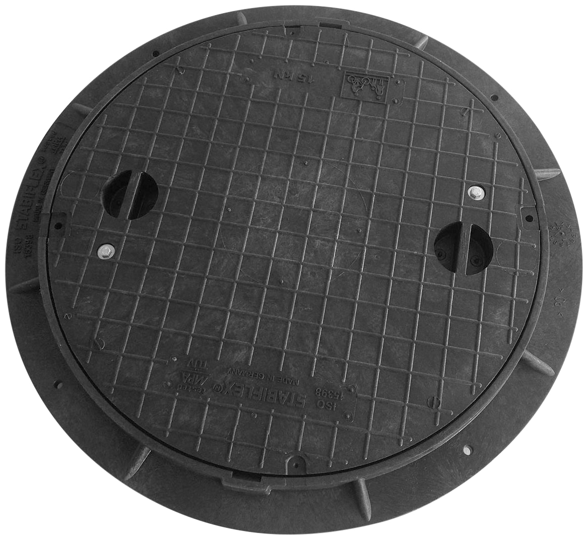 Top view of a round manhole cover with a grid pattern and two access slots.