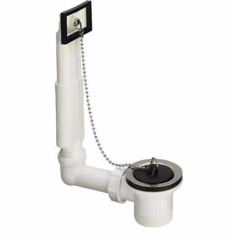 White plastic pop-up sink drain assembly with lift rod and chain for a bathroom sink