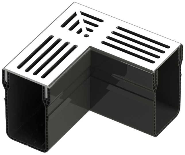 L-shaped cable management duct with a silver vented cover and black interior exposure in an L corner shape