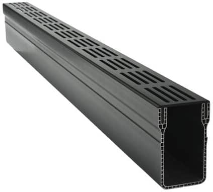 Long black perforated metal channel (rectangular hollow cross-section) likely used as a cable tray or duct for wiring.