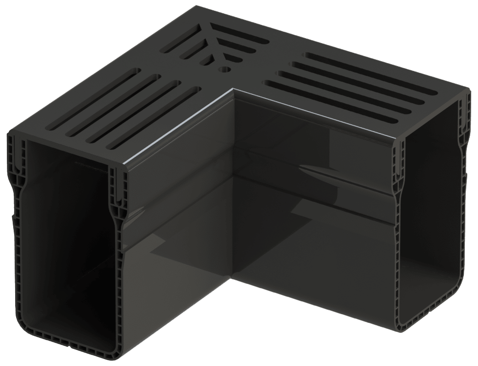 L-shaped black plastic corner connector for modular framing with hollow channels on each leg and a slotted top surface