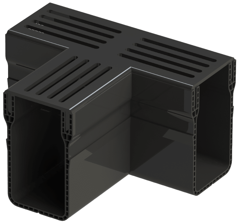 Black L-shaped plastic elbow with two hollow rectangular channels for cable management or conduit routing (90-degree corner).