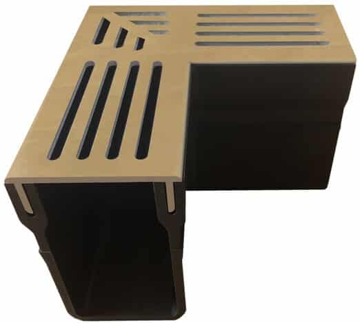 Ventilated corner piece of a cable management channel, with slotted top and open rectangular channel at the front.