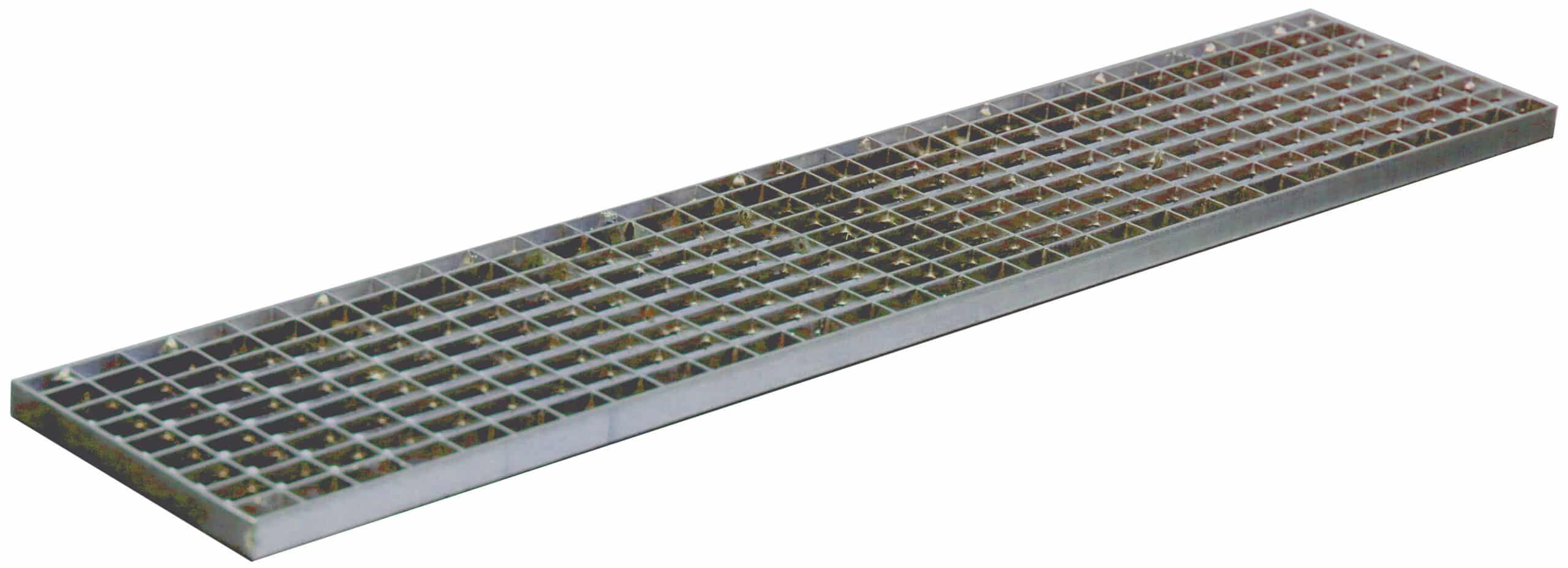 Long galvanized steel drainage grate with small square openings (trench grate).