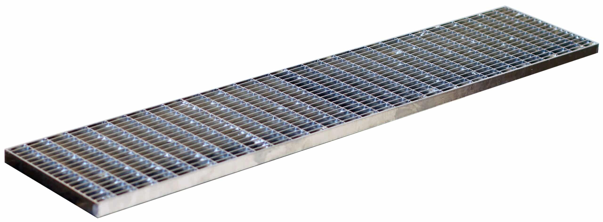Long rectangular metal drainage grate with square grid openings across its surface?
