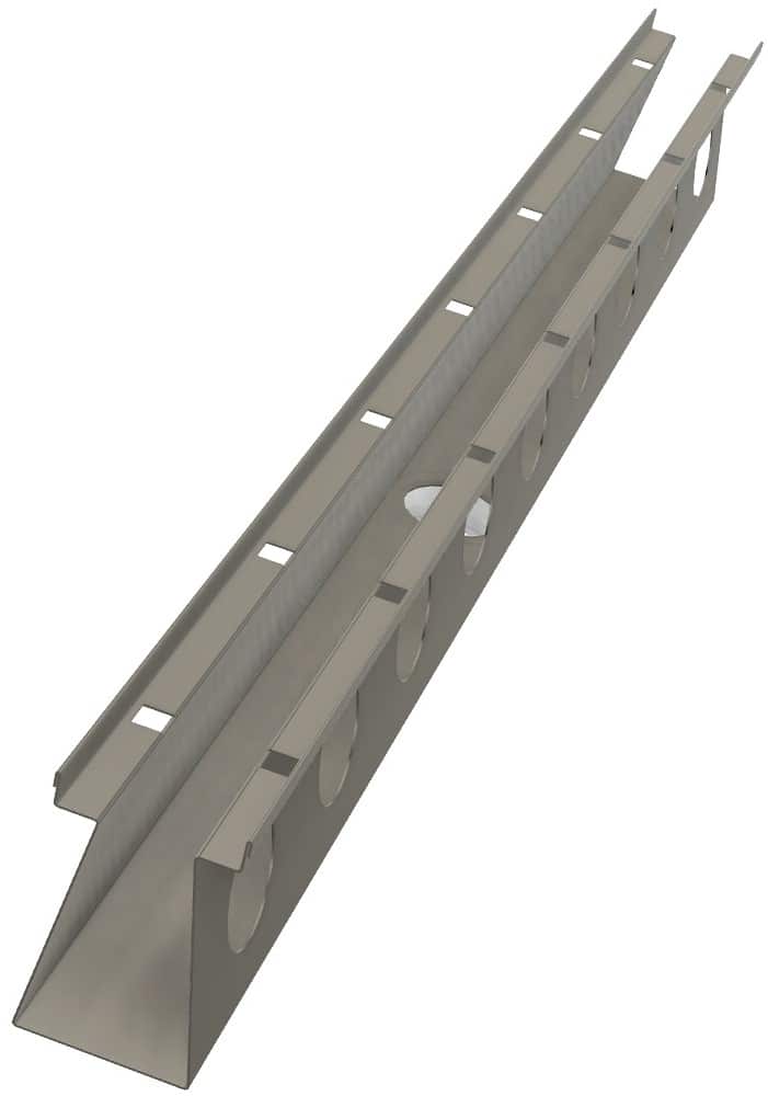 Long metal cable tray ladder channel with evenly spaced slots and circular cutouts for supporting cables.