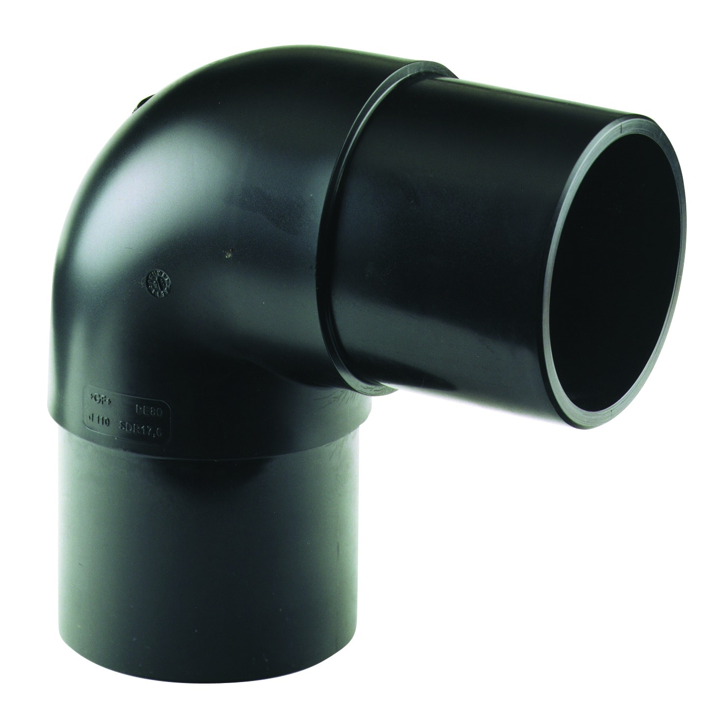 Close-up of a black plastic 90-degree elbow pipe fitting (PVC) for drainage or venting, showing the curved joint and smooth interior edge.