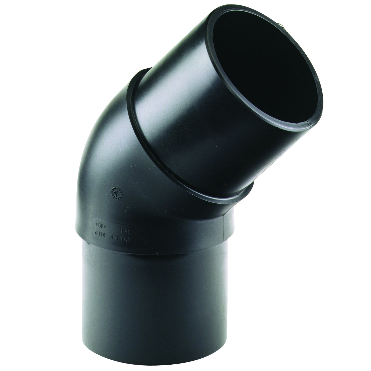 Black plastic elbow pipe fitting with a flared open end on a vertical pipe (PVC drainage/vent component)