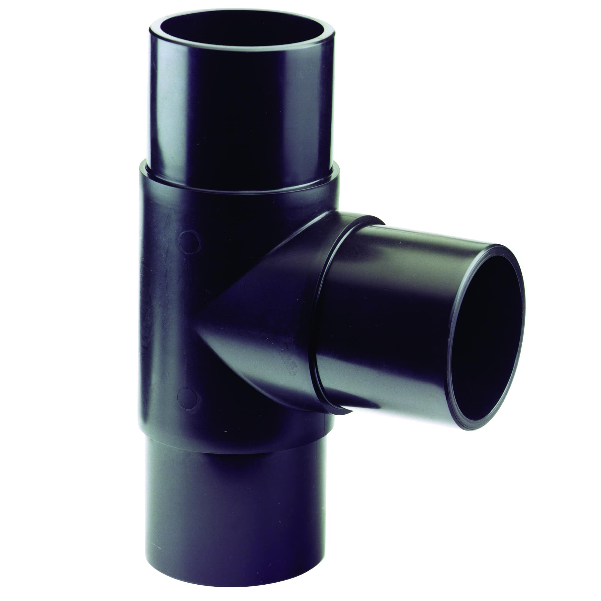 Close-up of a black plastic pipe Tee fitting with three openings and smooth surfaces, viewed from the side.
