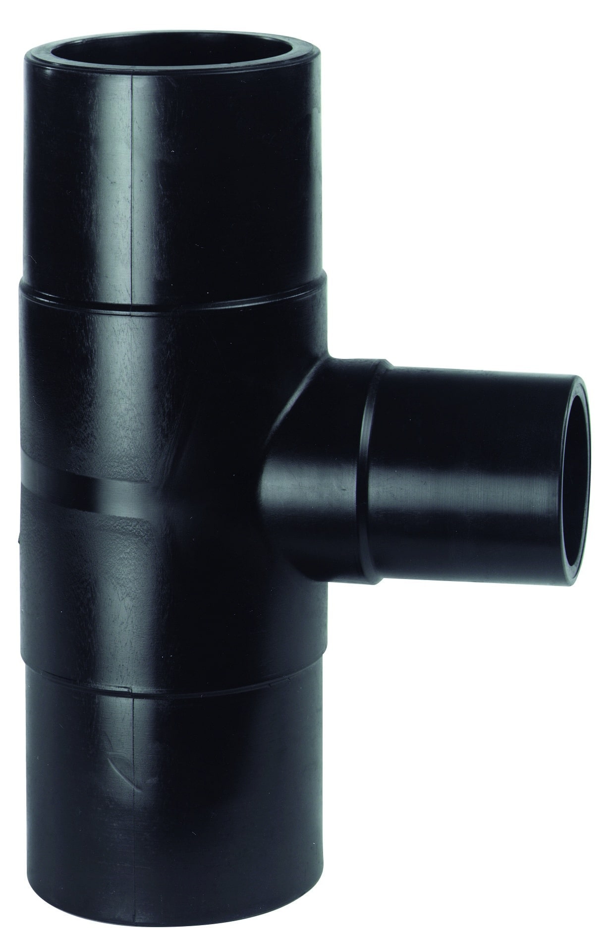 Black plastic PVC T-fitting with three openings for joining pipes (plumbing tee).