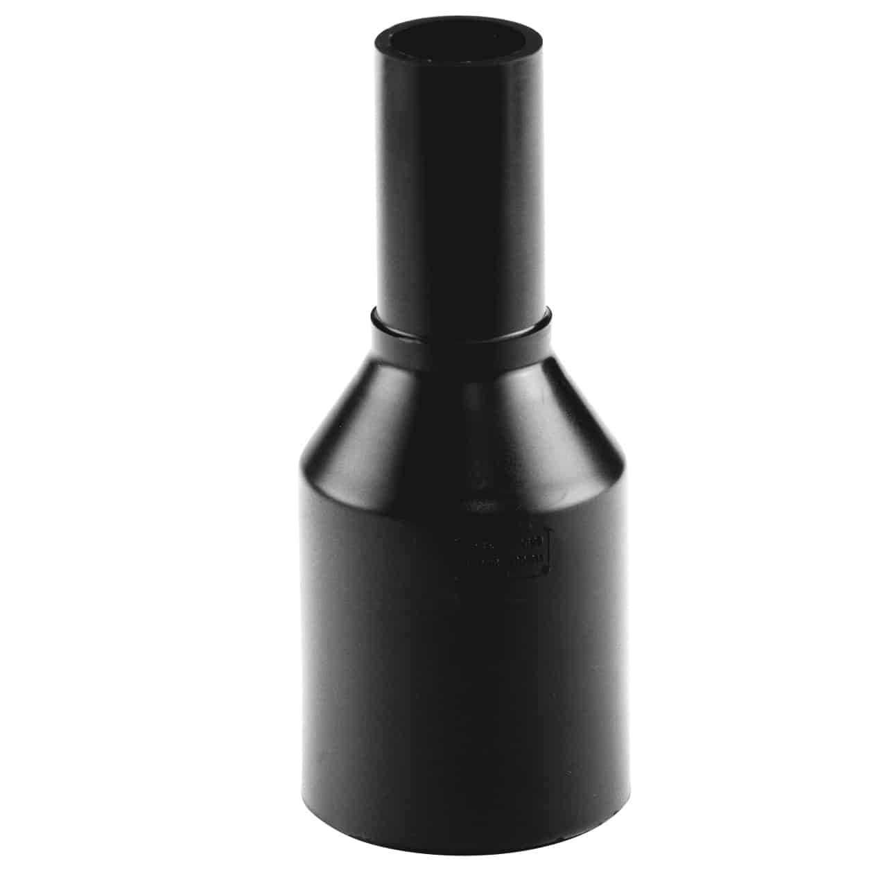 Black metal nozzle/adapter with a wide conical base transitioning to a tall cylindrical neck.