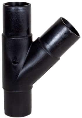 Black plastic plumbing Y-connector (tee fitting) with three open ends for joining pipes.