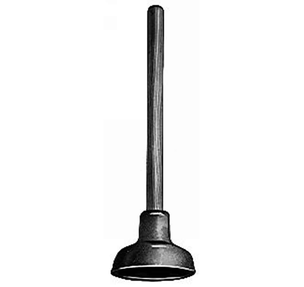 Plunger with a long handle and rubber suction cup separated from drain in a bathroom context.