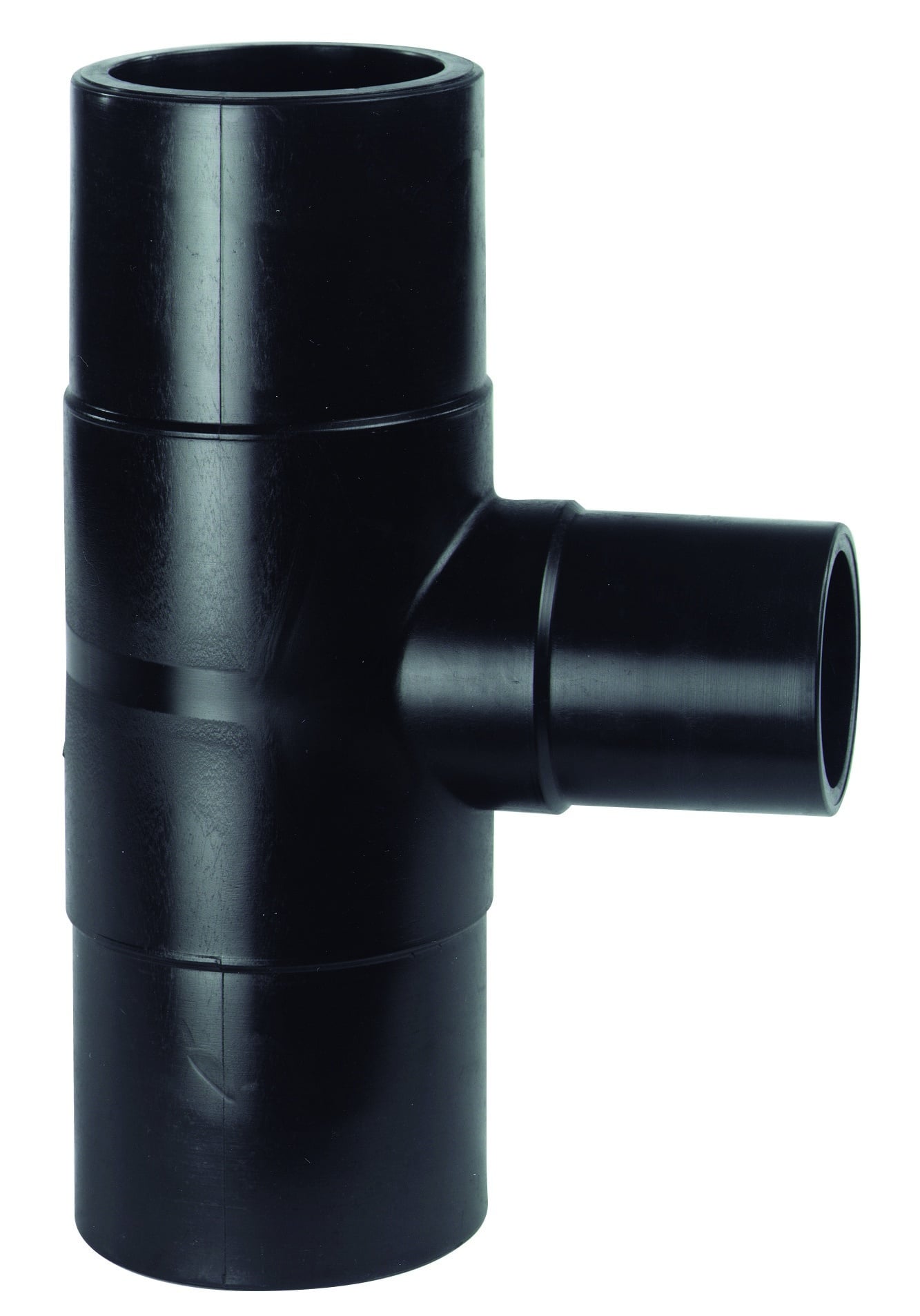 Black plastic PVC tee fitting with a side outlet, viewed in close-up as part of a plumbing assembly