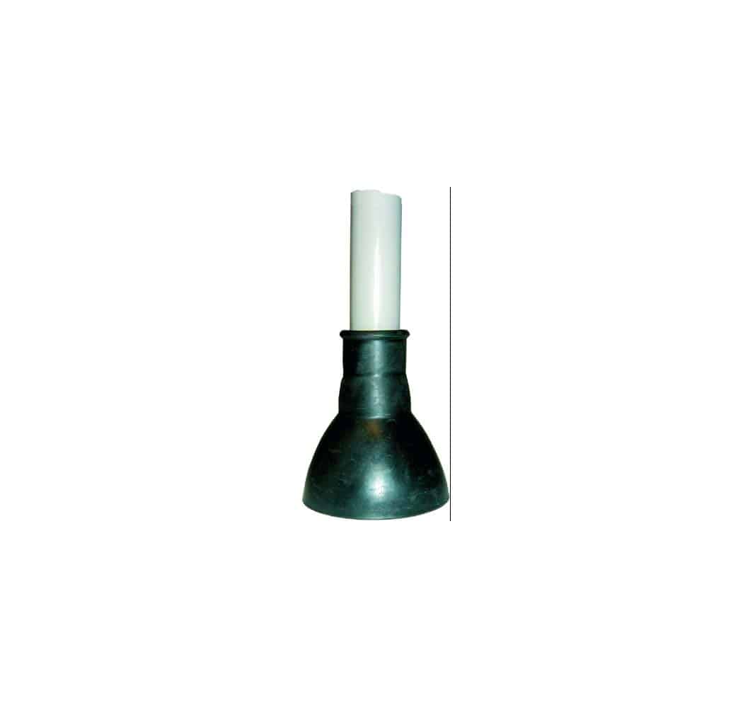 Black funnel-shaped tool with a white cylindrical plunger extending upward on a white background.