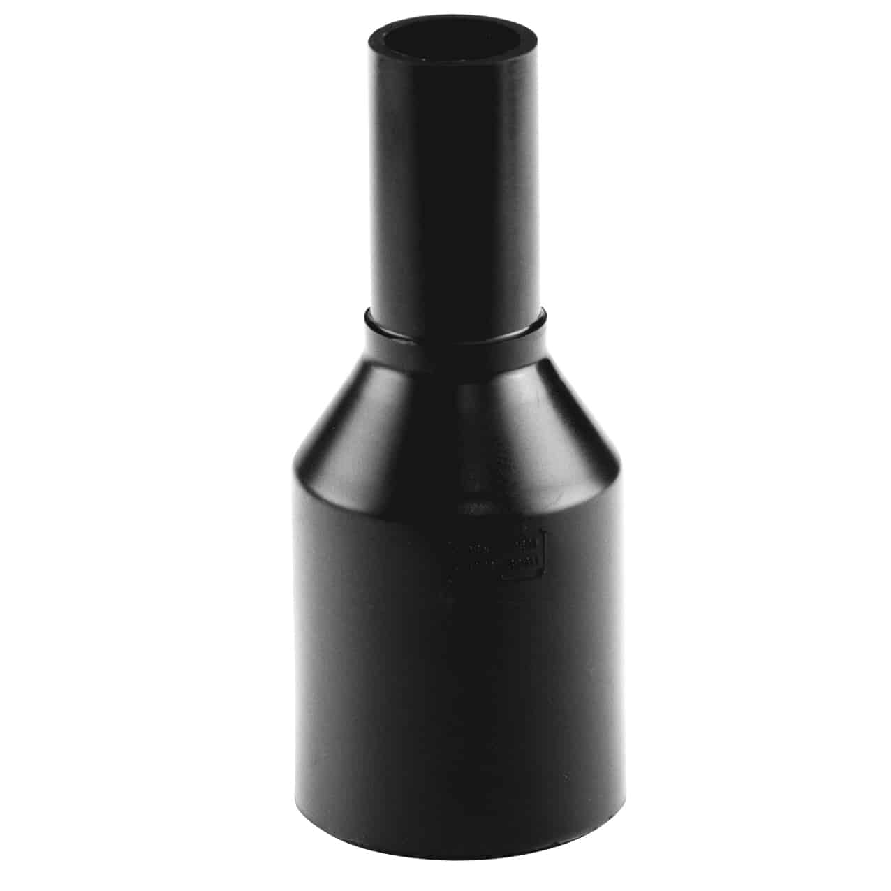 Black metal nozzle with a tall cylindrical extension atop a wide, rounded base (industrial tool part).