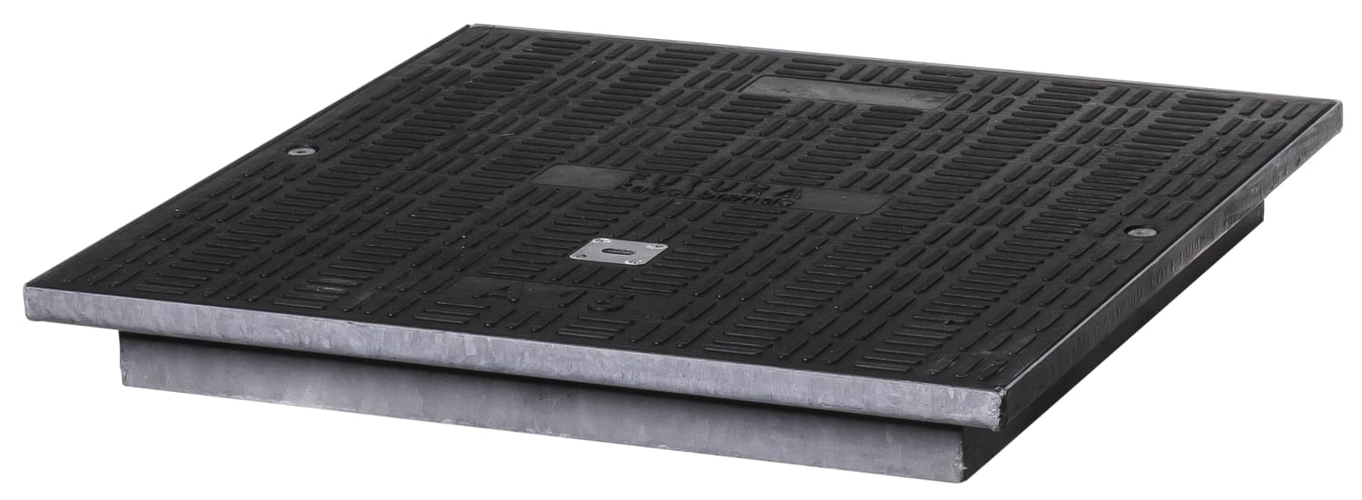 Rectangular steel floor access hatch with a textured, ribbed surface and visible screws at the corners.