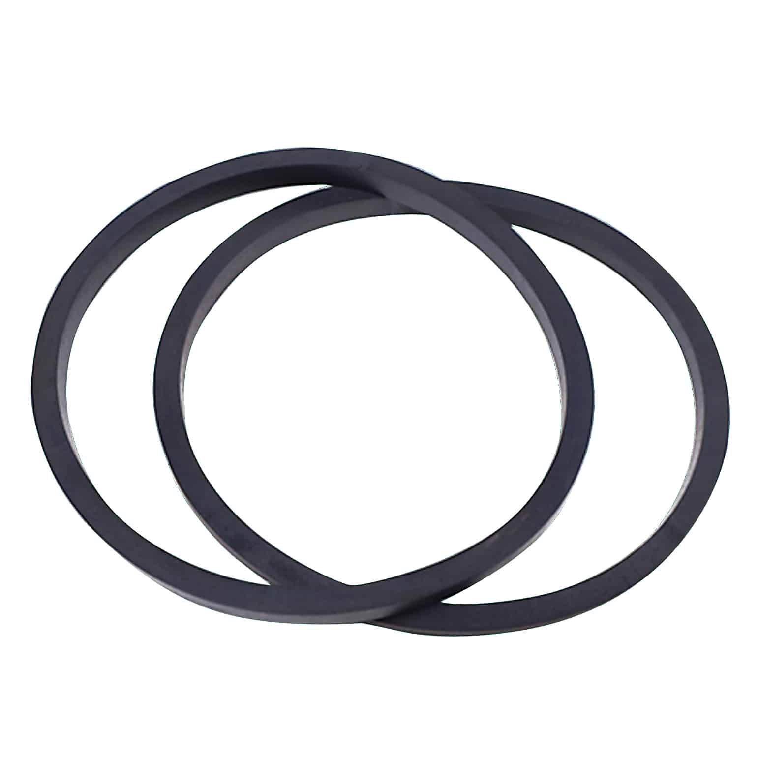 Three overlapping dark gray circular rings on a white background (abstract composition).