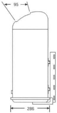 Vertical cylindrical tank with rounded top; shows 95 mm top clearance and 286 mm base length, plus a right-side mounting bracket with holes.