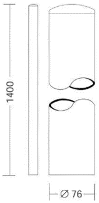 Tall cylindrical container with a curved lid shown in side and front views; dimensions indicate height 1400 mm and diameter 76 mm.
