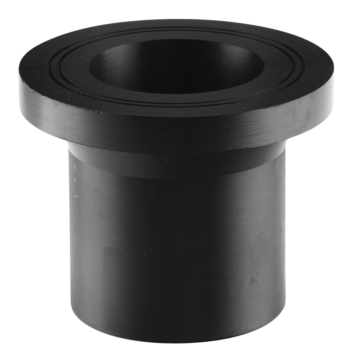 Black cylindrical tube with a wide flanged rim and hollow center (viewed from the top).