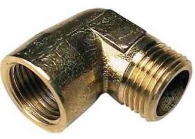 Brass 90-degree elbow pipe fitting with female and male threaded ends for plumbing