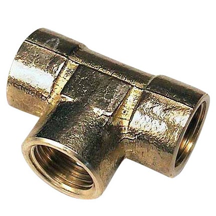 Metal T-shaped pipe fitting with three threaded female ends for plumbing use.