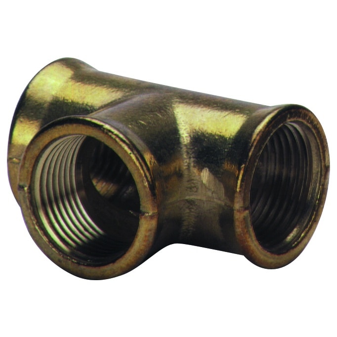 Brass-colored metal T-shaped pipe fitting with three female threaded ends