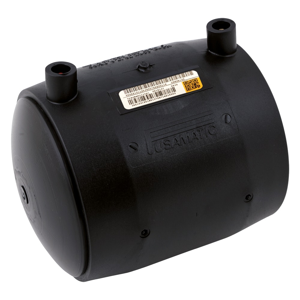 Black cylindrical water pressure tank with two top fittings and a barcode label.