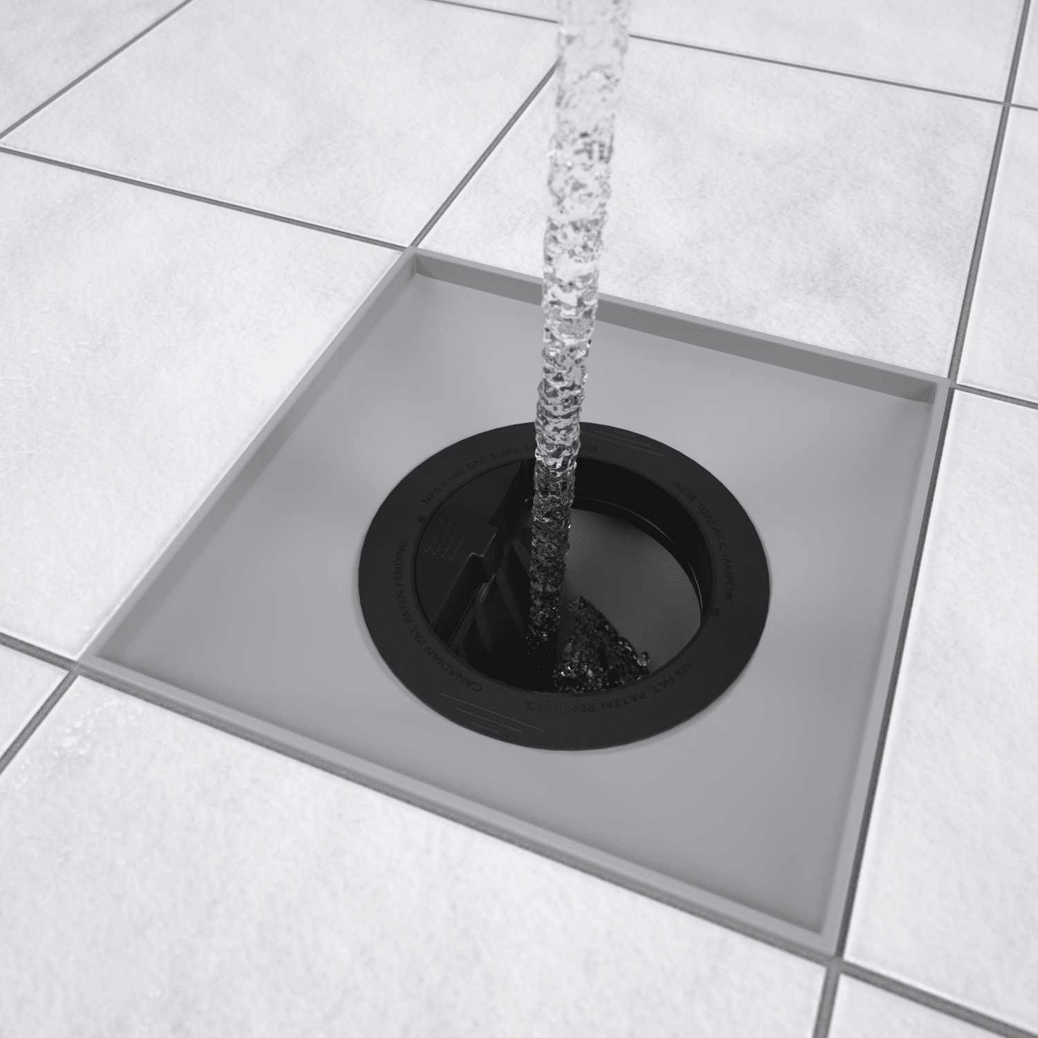 Water pours into a circular floor drain set in a square, tiled floor area.