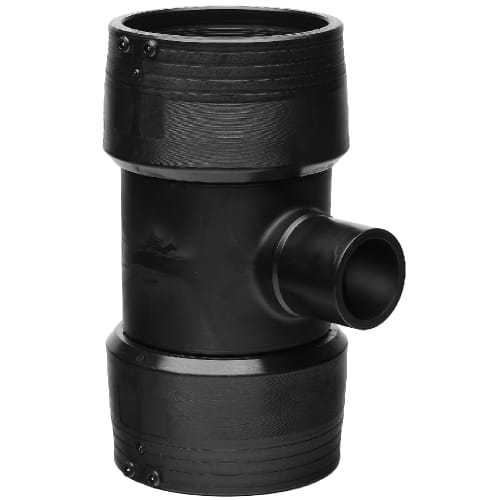Black plastic T-shaped pipe fitting with three openings for plumbing drainage.