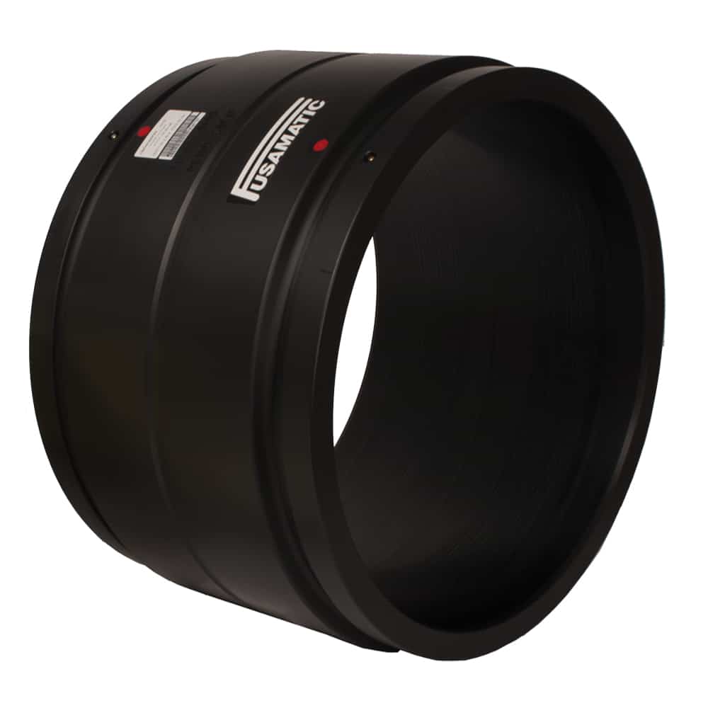 Black metal camera lens adapter ring viewed from the side, showing its circular shape and ridged exterior in a dark finish.