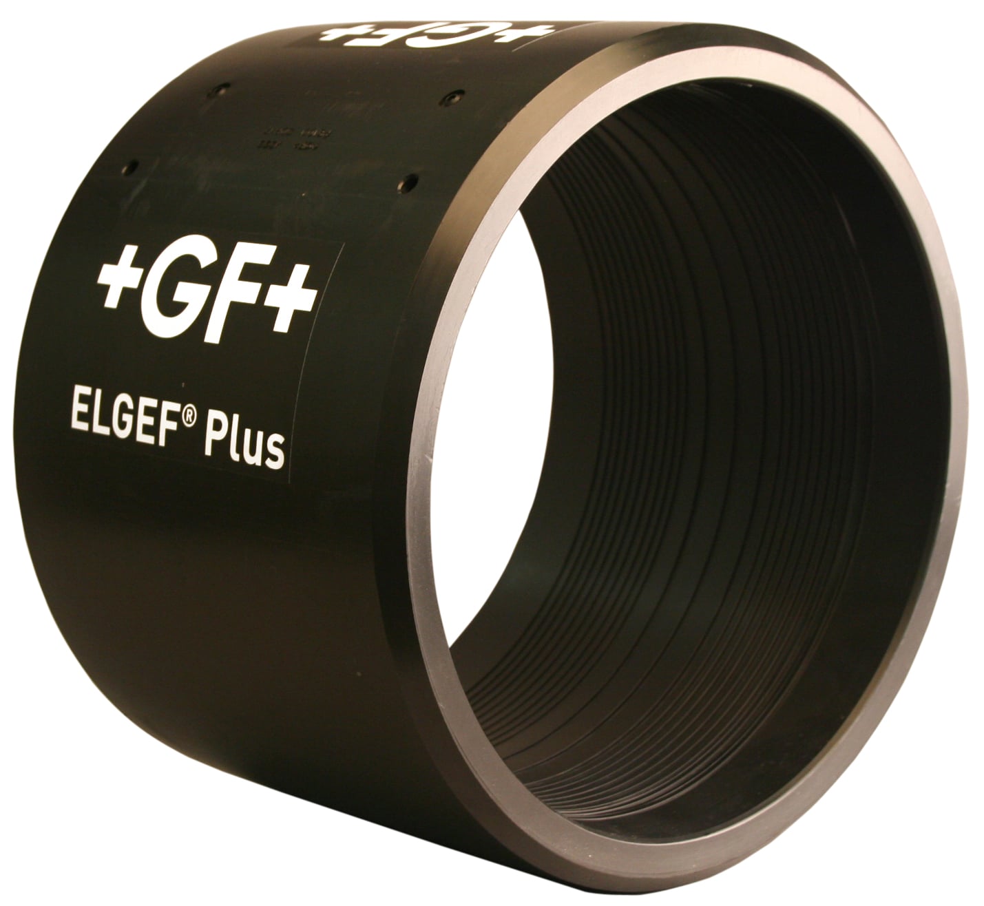 Large black metal threaded ring/adapter with inner threads and '+GF+ ELGEF Plus' printed on the exterior