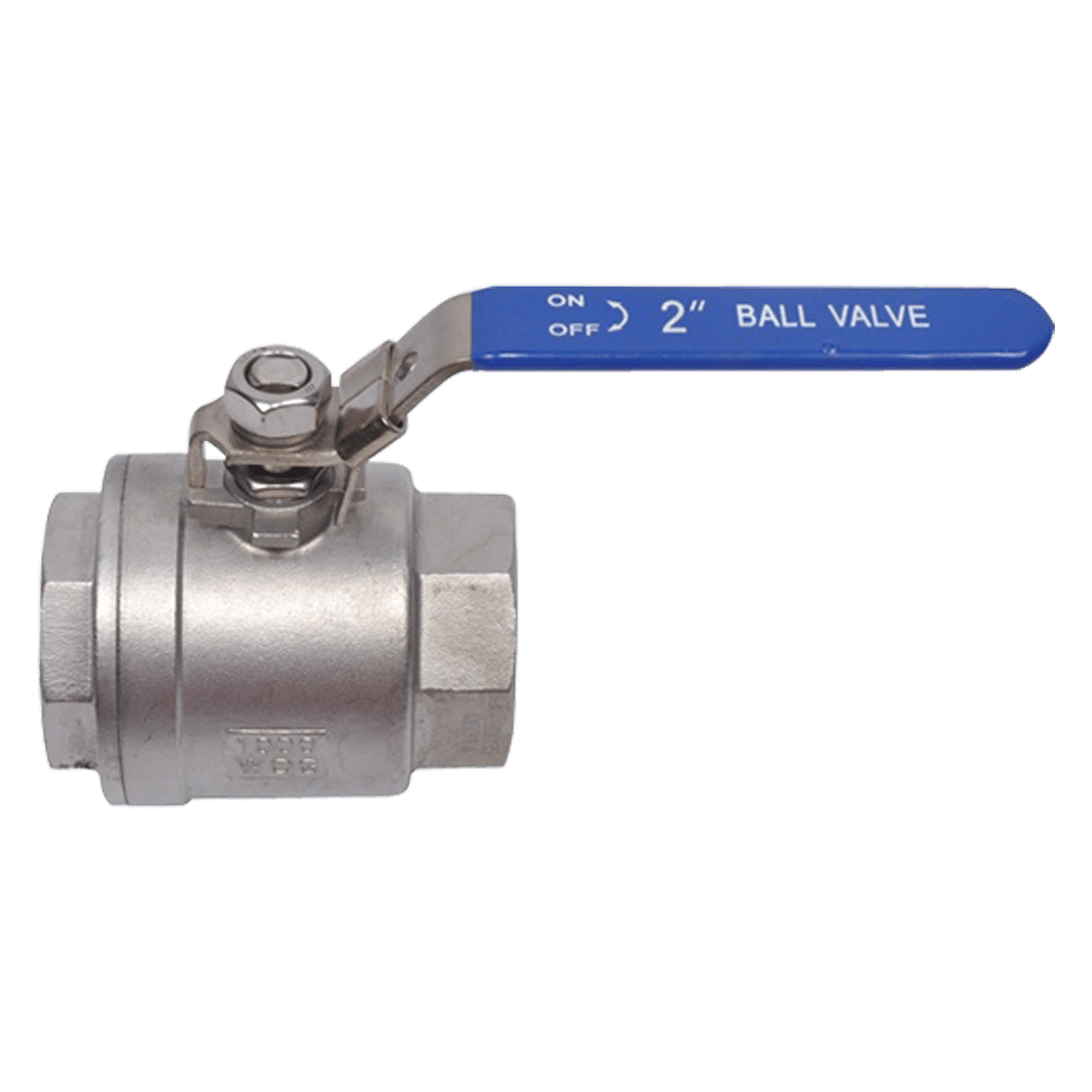 2-inch ball valve with a blue lever handle, shown in closed position for plumbing systems
